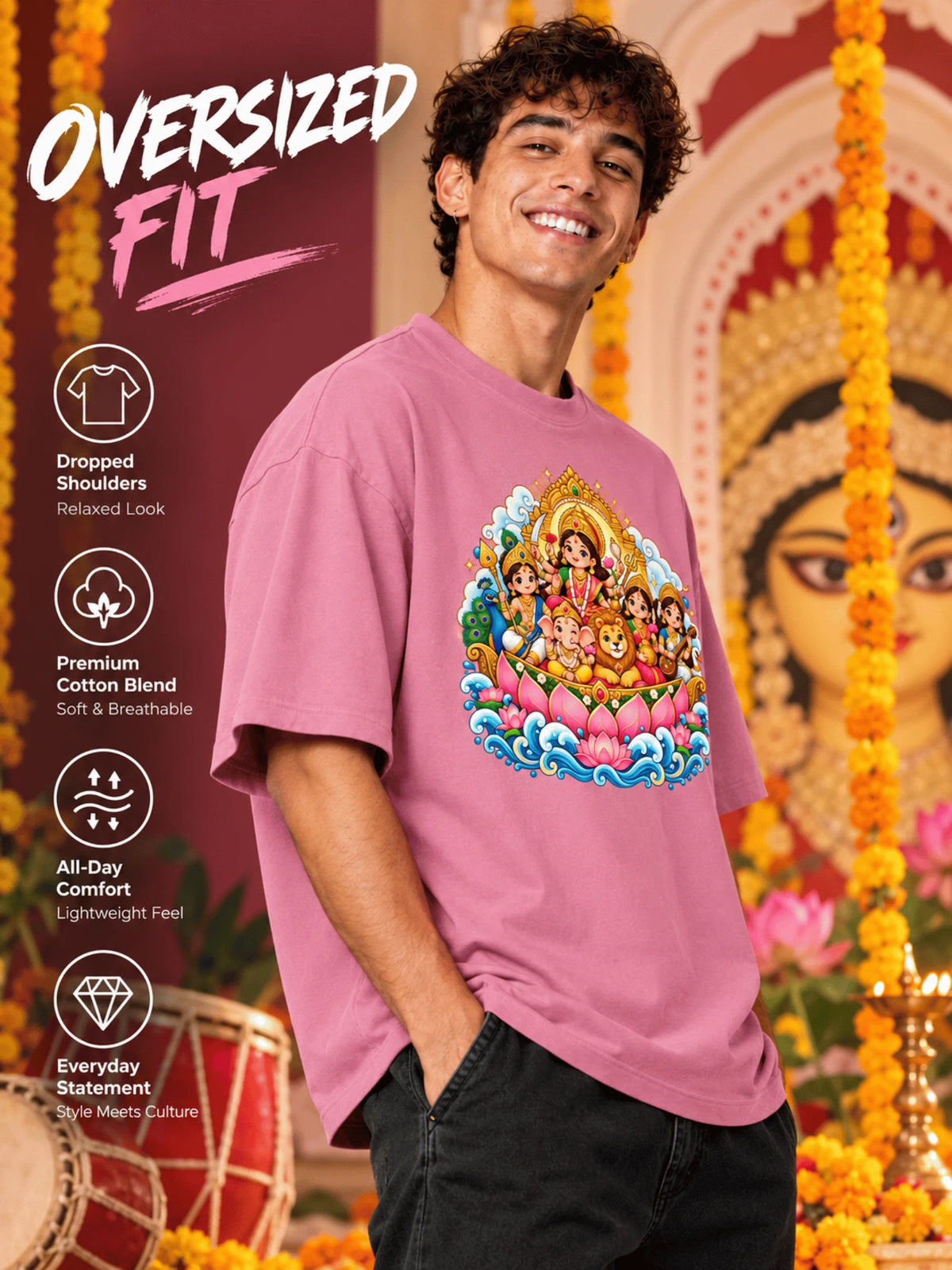 Excello Men's Divine Durga Family Graphic Oversized T-Shirt | Pink