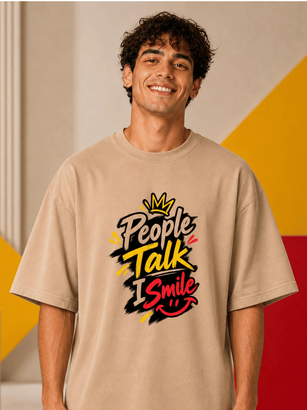 Excello Men's 'People Talk I Smile' Chill Duck Graphic Oversized T-Shirt | Beige