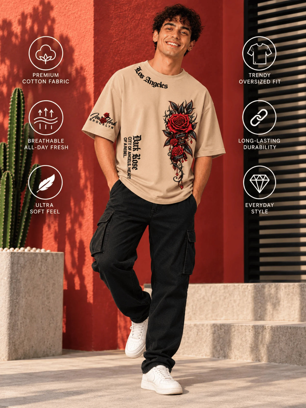 Excello Men's 'Dark Rose' Rebel Graphic Oversized T-Shirt | Beige