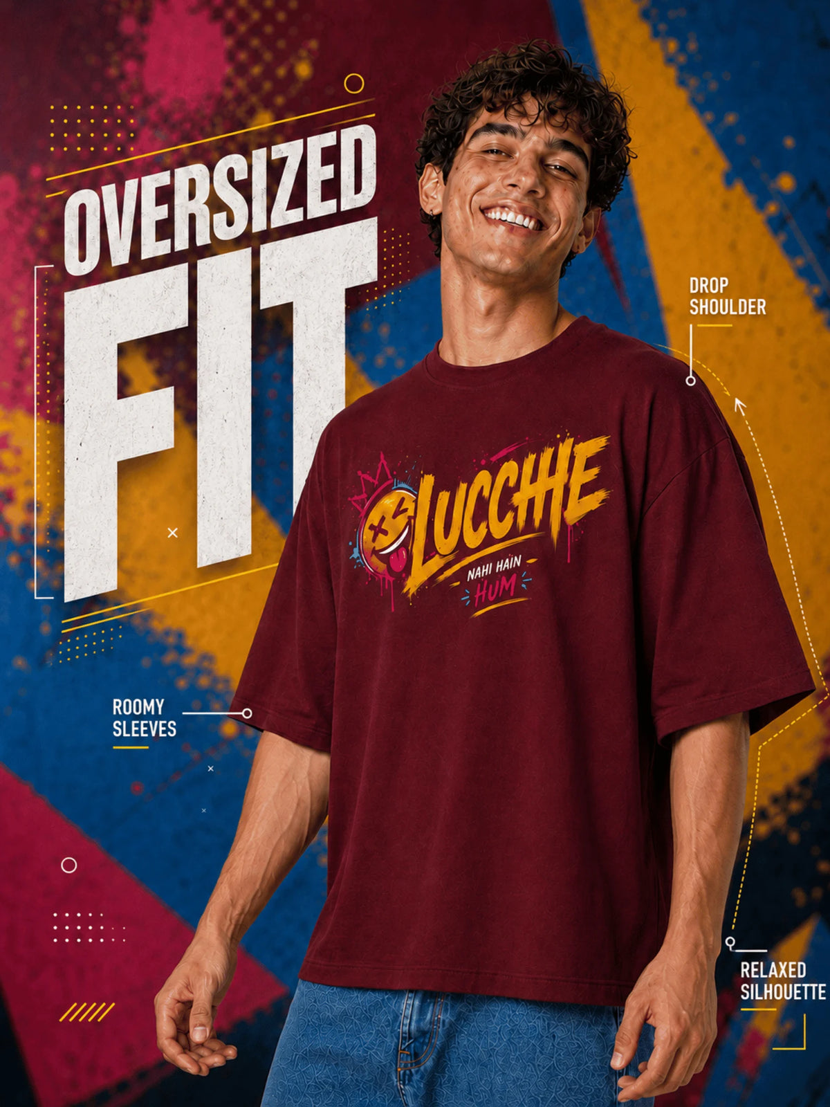 Excello Men's 'Lucchhe Nahi Hain Hum' Graphic Oversized T-Shirt | Maroon