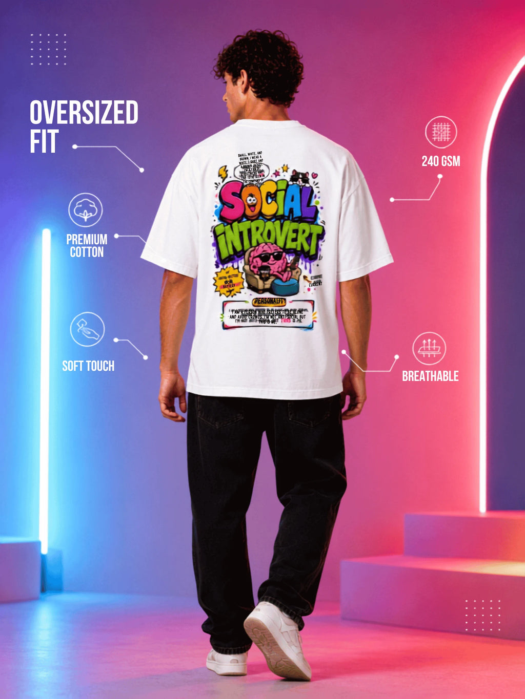 Excello Men's 'Social Introvert' Graphic Oversized T-Shirt | White