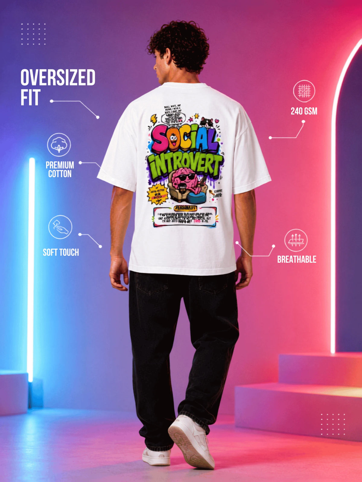 Excello Men's 'Social Introvert' Graphic Oversized T-Shirt | White