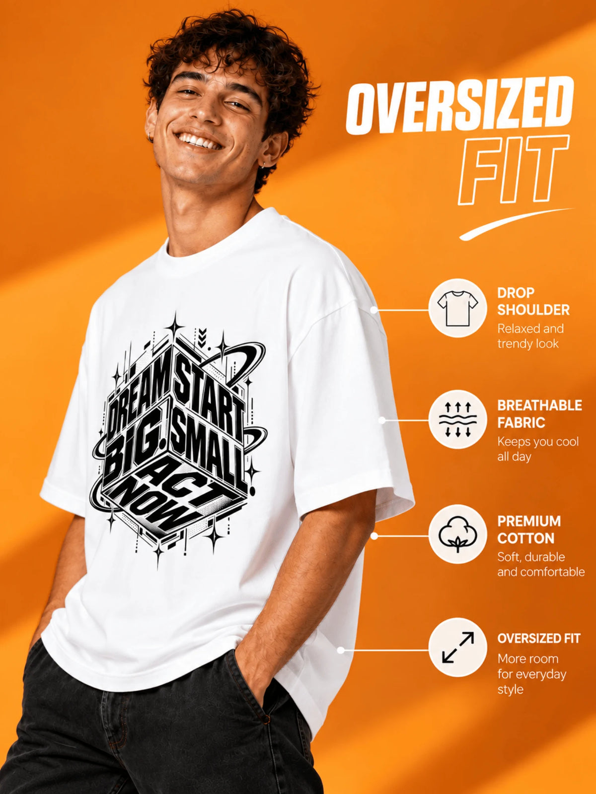 Excello Men's 'Dream Big' Motivational Graphic Oversized T-Shirt | White