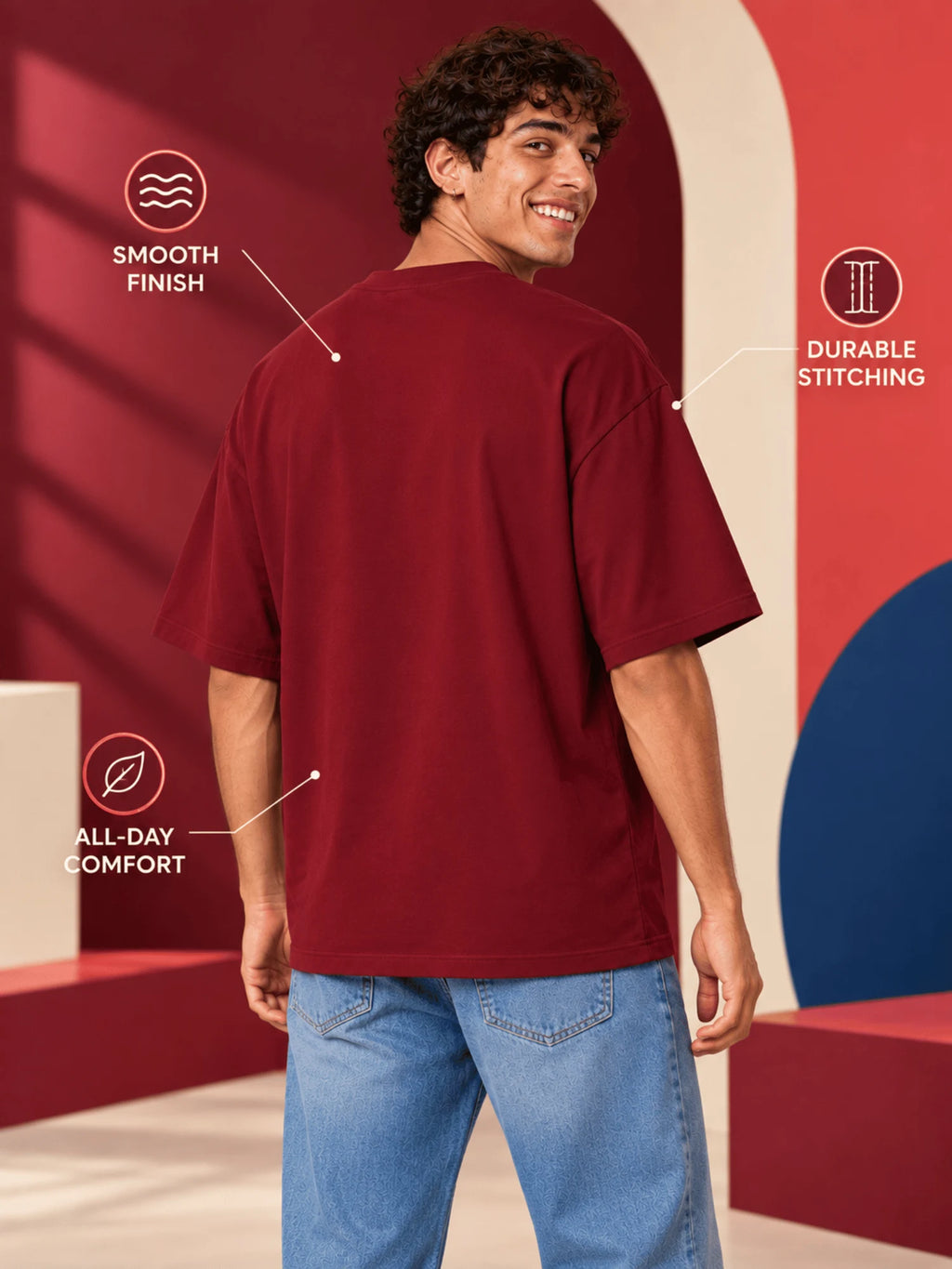 Excello Men's Minimalist Ganesha Line Art Graphic Oversized T-Shirt - 240 GSM Pure Cotton, Bio-Washed-Maroon