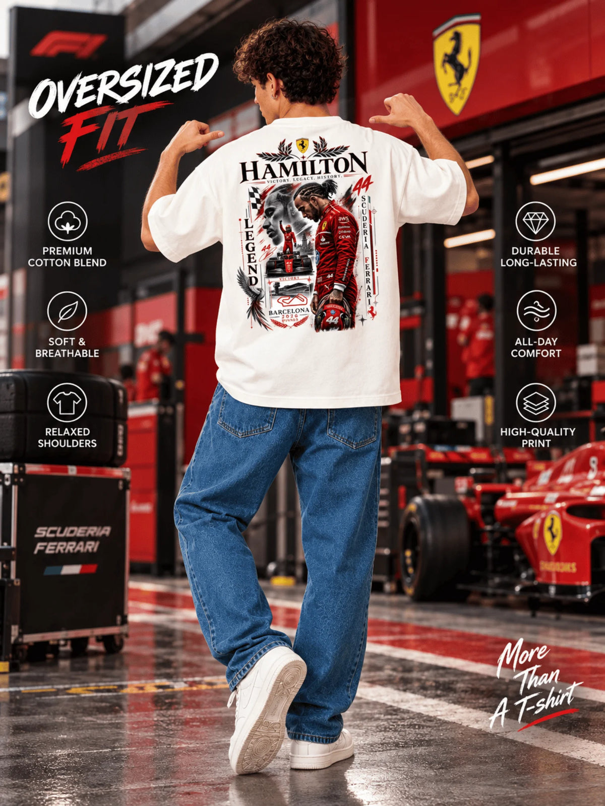 Excello Men's Hamilton Legend Racing Graphic Oversized T-Shirt | Off White