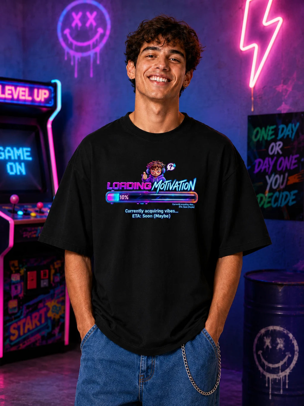 Excello Men's 'Loading Motivation' Gamer Graphic Oversized T-Shirt | Black
