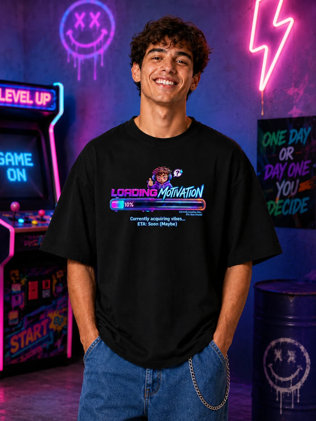 Excello Men's 'Loading Motivation' Gamer Graphic Oversized T-Shirt | Black