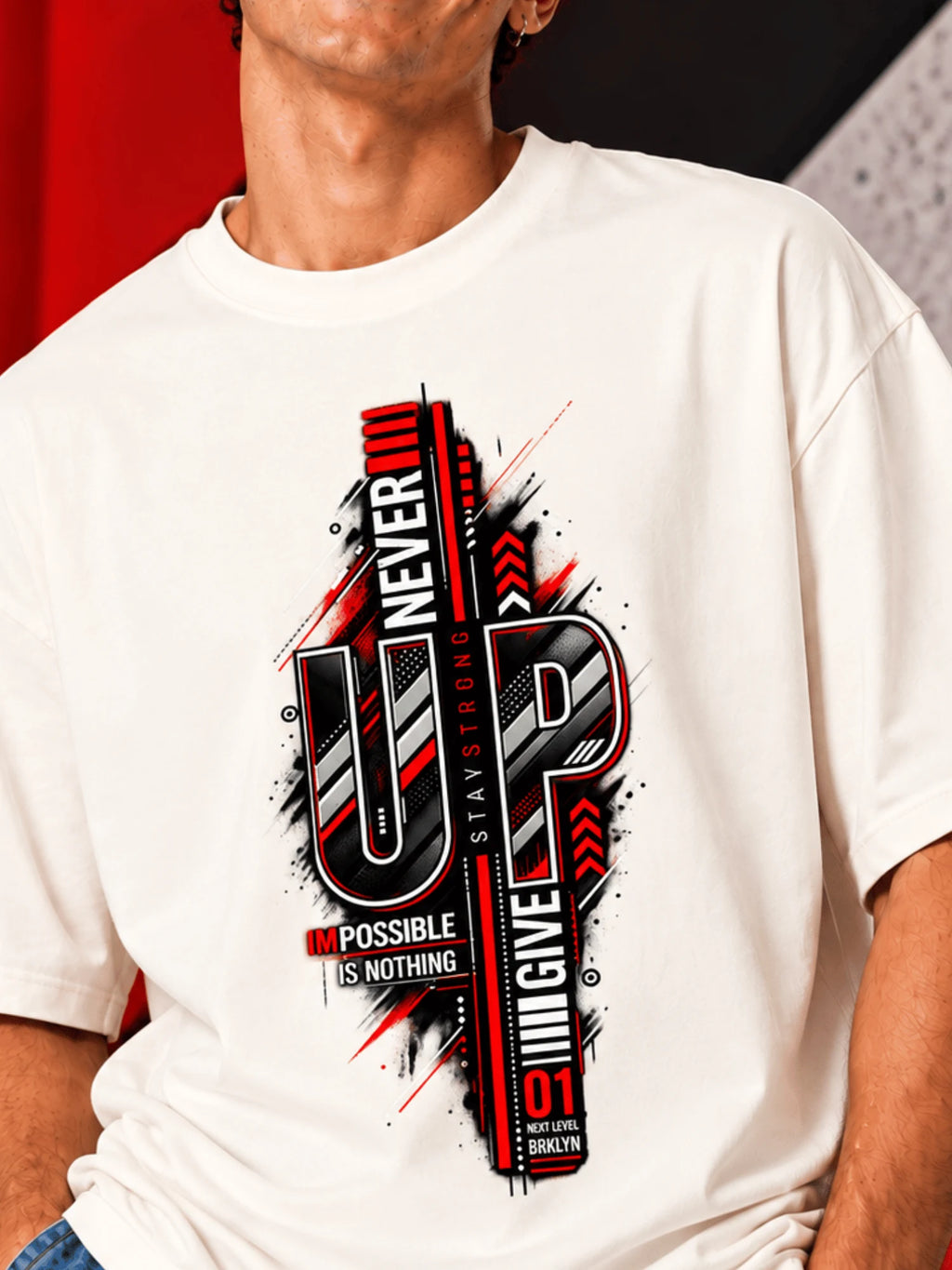 Excello Men's 'Never Give Up' Motivational Graphic Oversized T-Shirt | Off  White