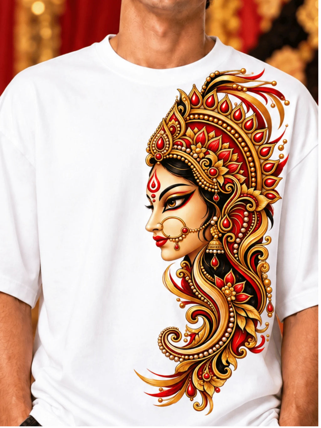 Excello Men's Divine Goddess Golden Profile Graphic Oversized T-Shirt | White
