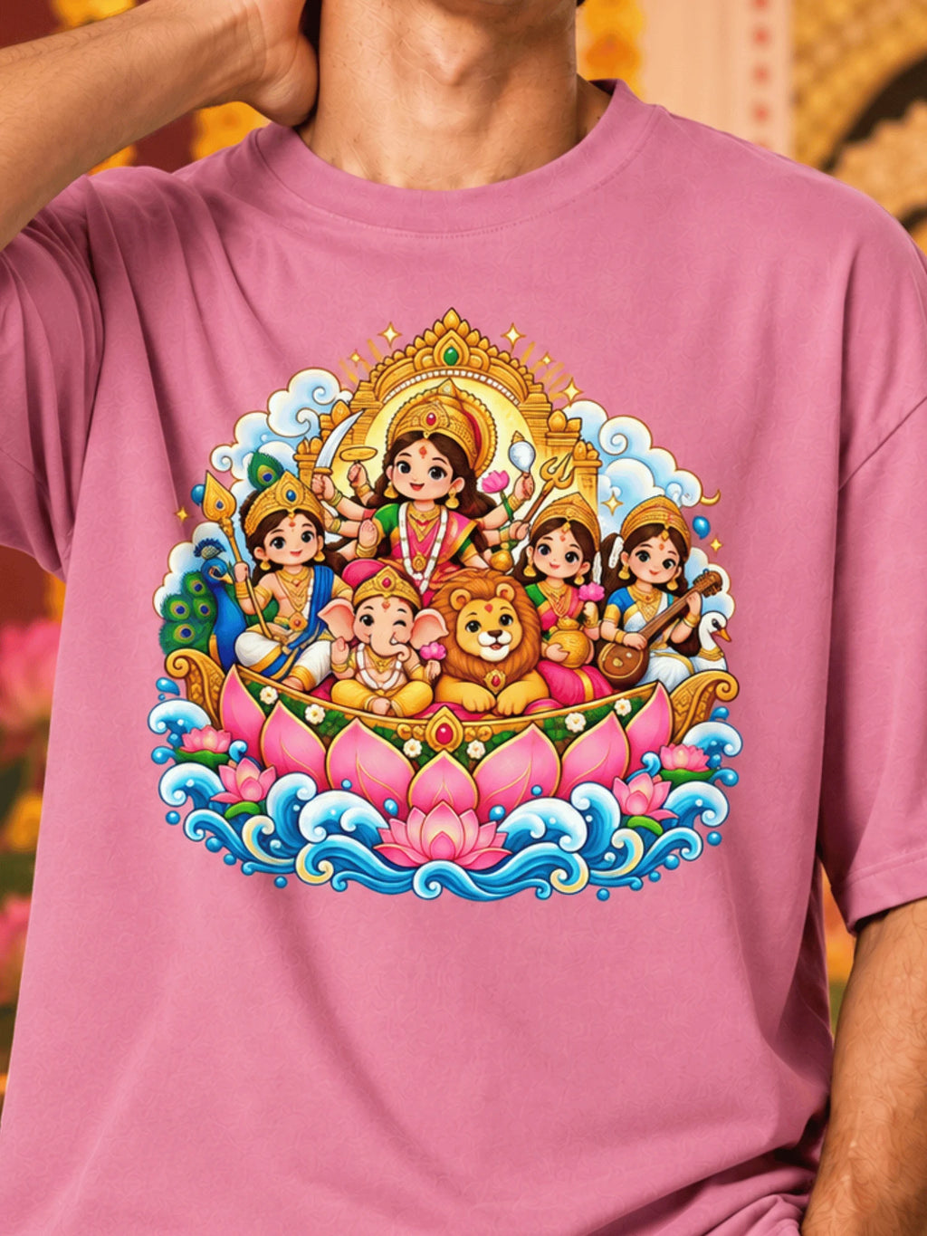 Excello Men's Divine Durga Family Graphic Oversized T-Shirt | Pink