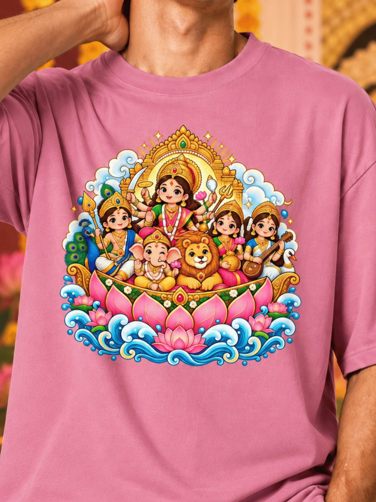 Excello Men's Divine Durga Family Graphic Oversized T-Shirt | Pink