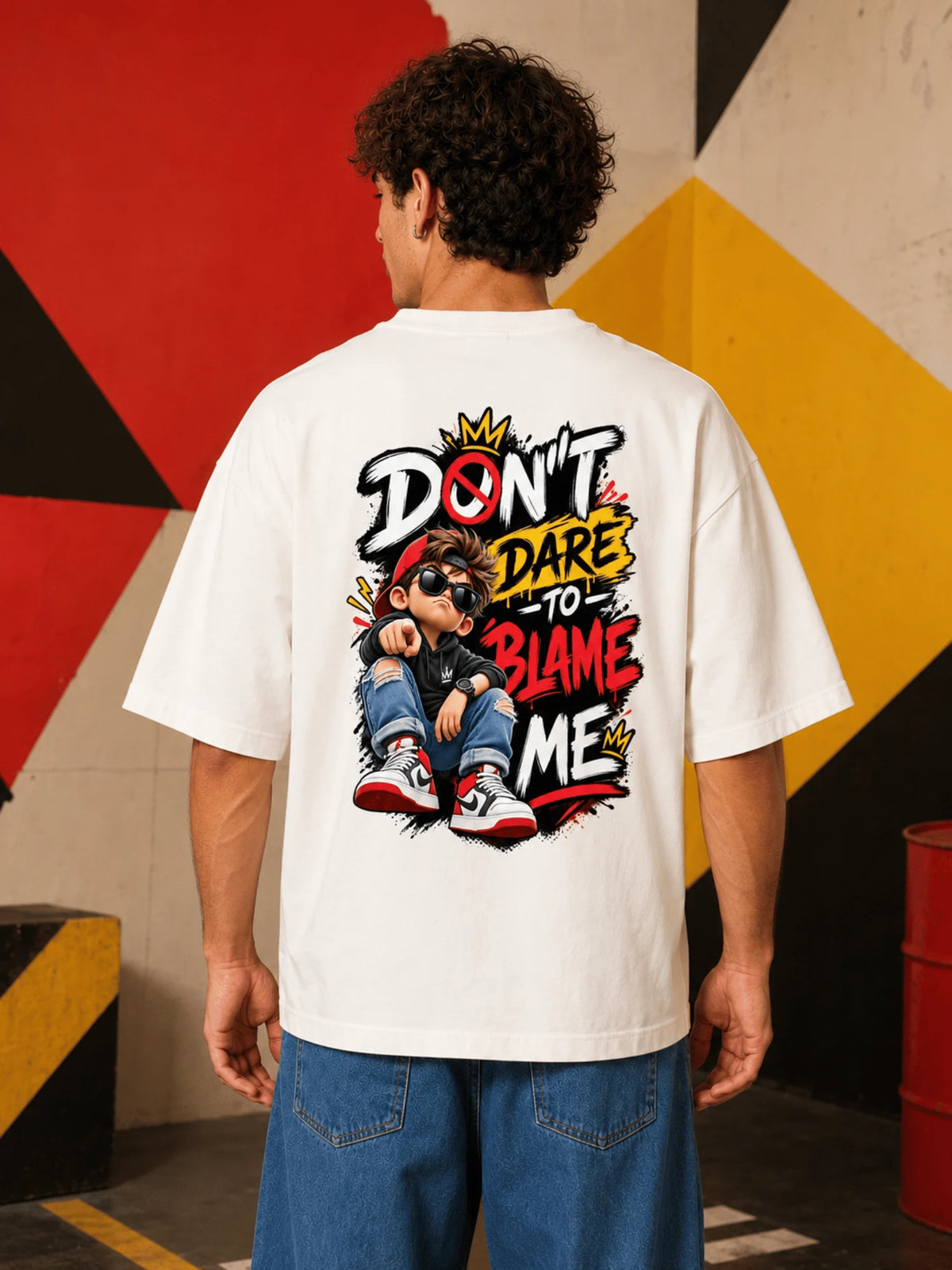 Excello Men's 'Don't Dare To Blame Me' Graphic Oversized T-Shirt | Off White