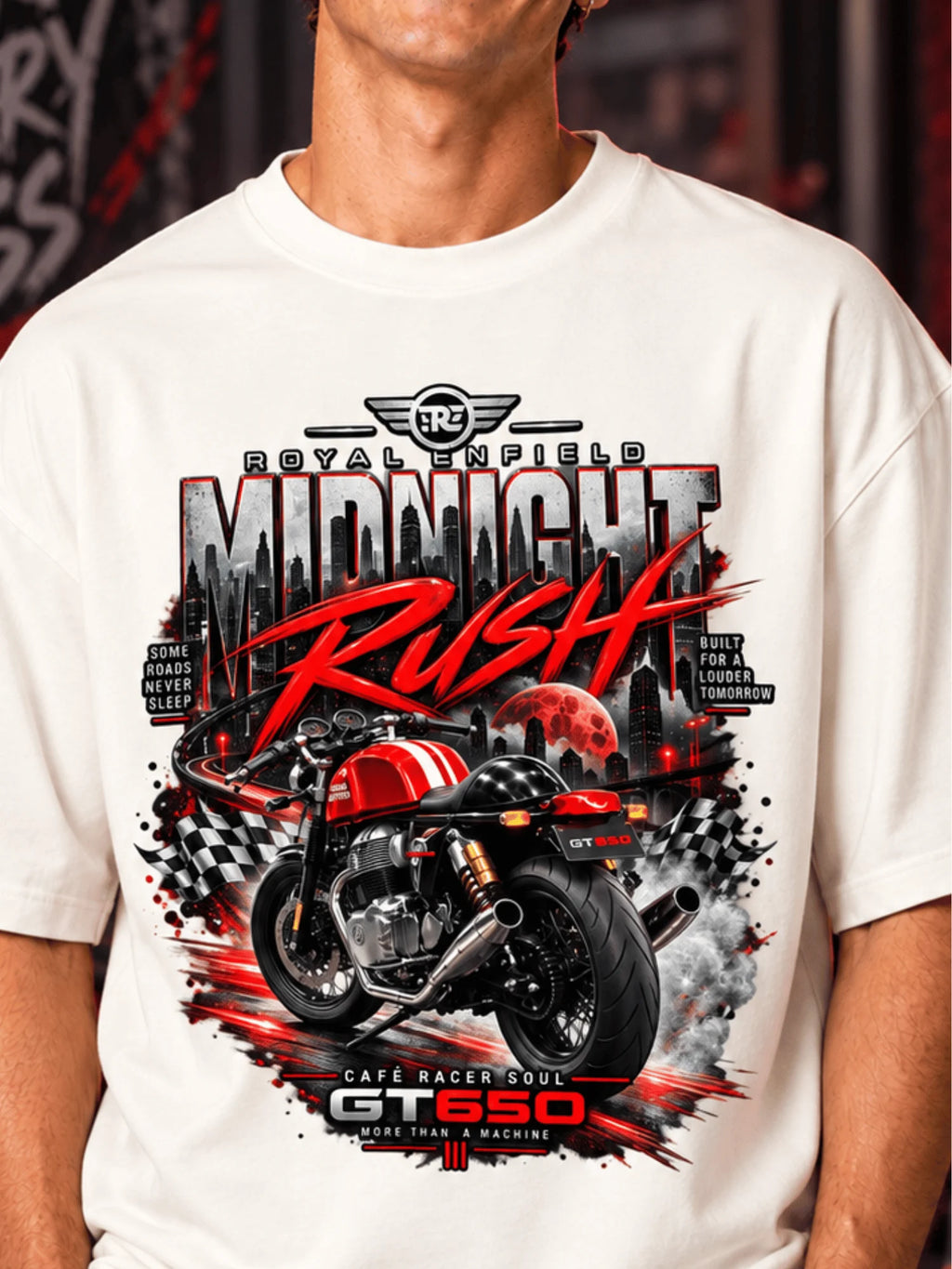 Excello Men's Royal Enfield GT 650 'Midnight Rush' Graphic Oversized T-Shirt | Off White