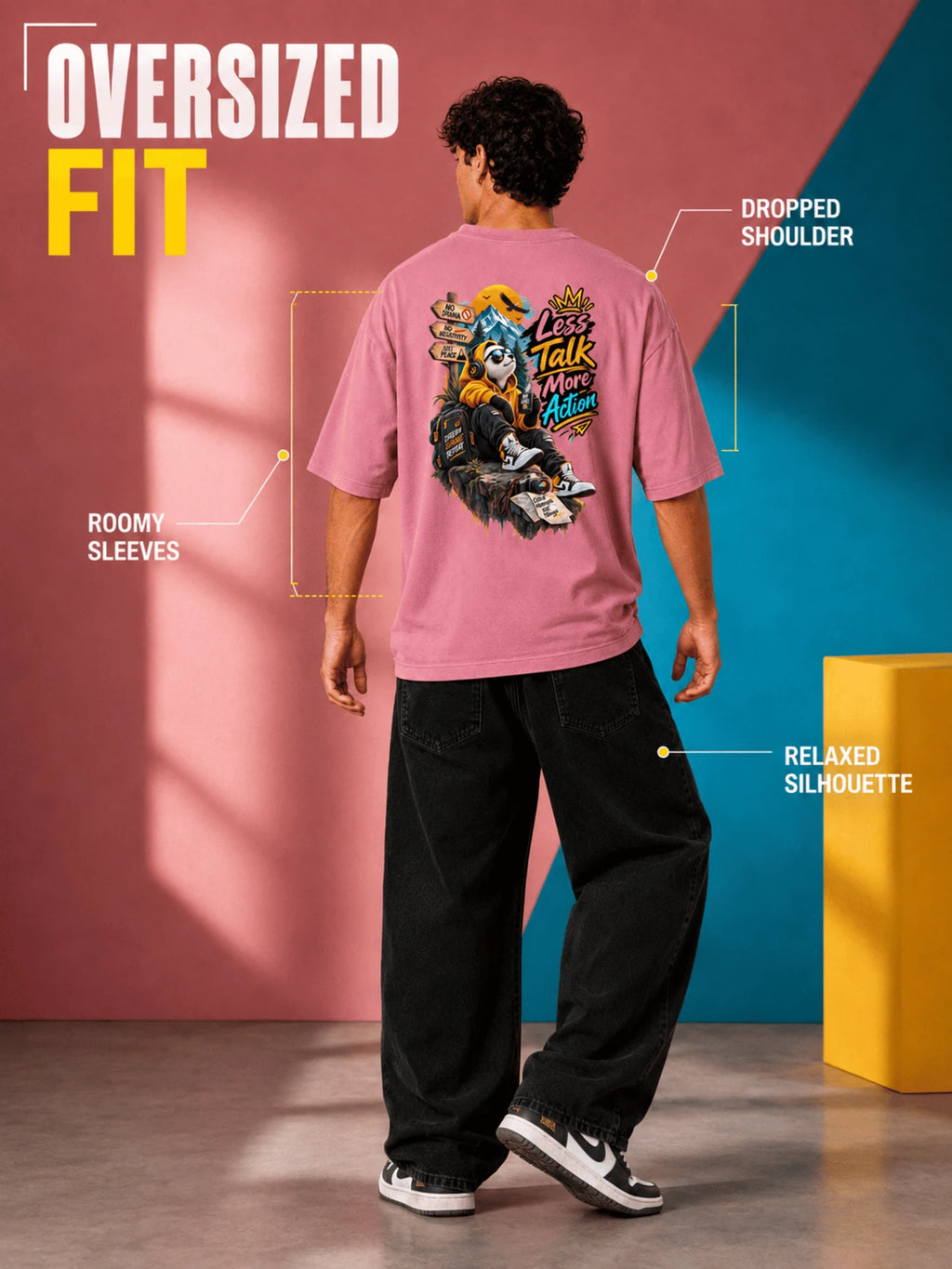 Excello Men's 'Less Talk More Action' Panda Graphic Oversized T-Shirt | Rose Pink
