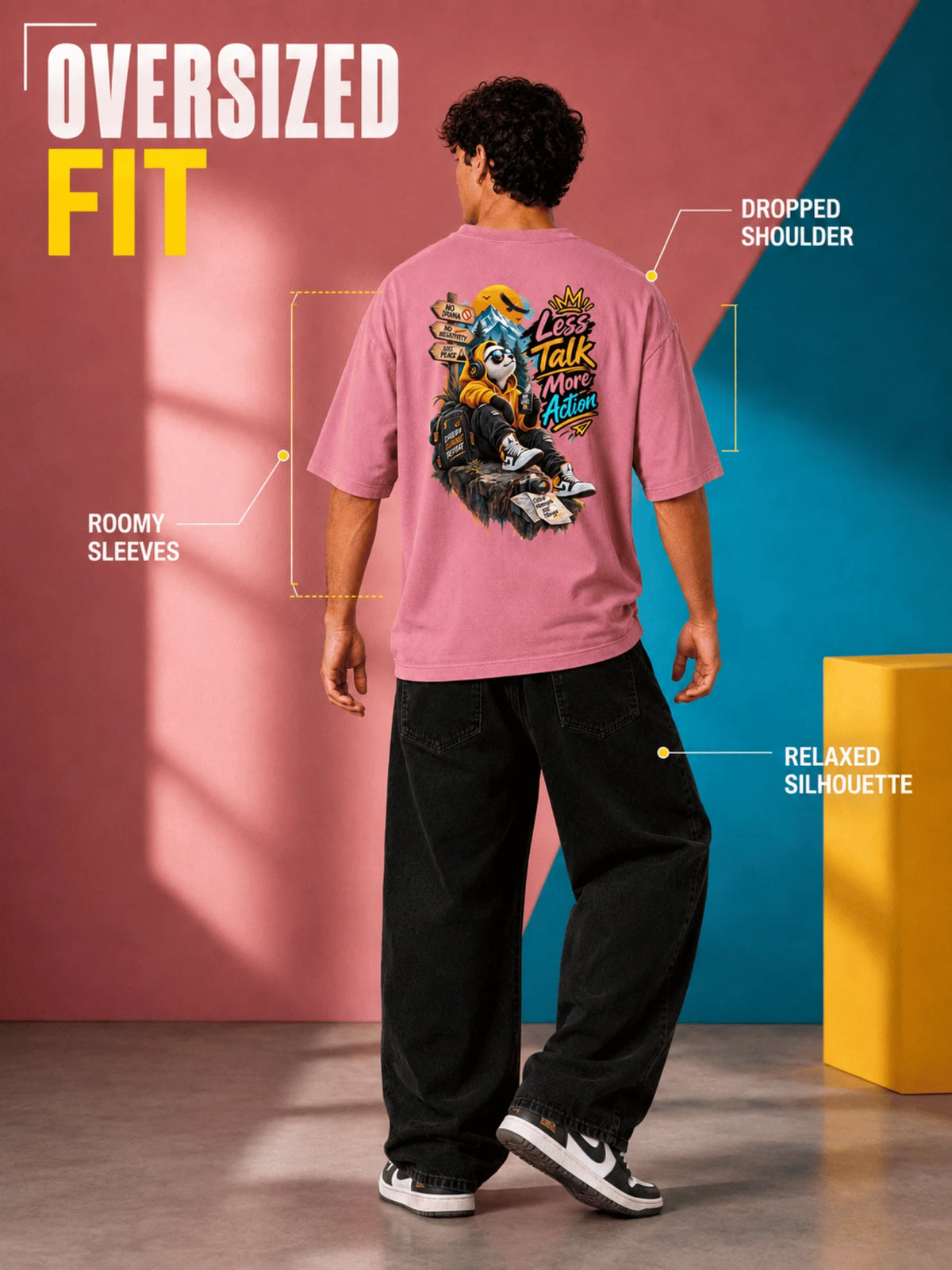 Excello Men's 'Less Talk More Action' Panda Graphic Oversized T-Shirt | Rose Pink