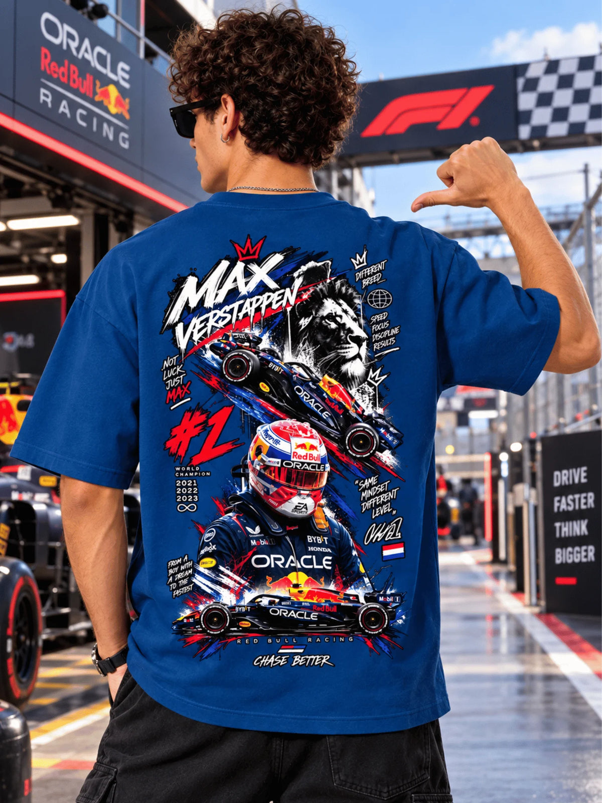 Excello Men's Max Verstappen Racing Graphic Oversized T-Shirt | Air Force Blue