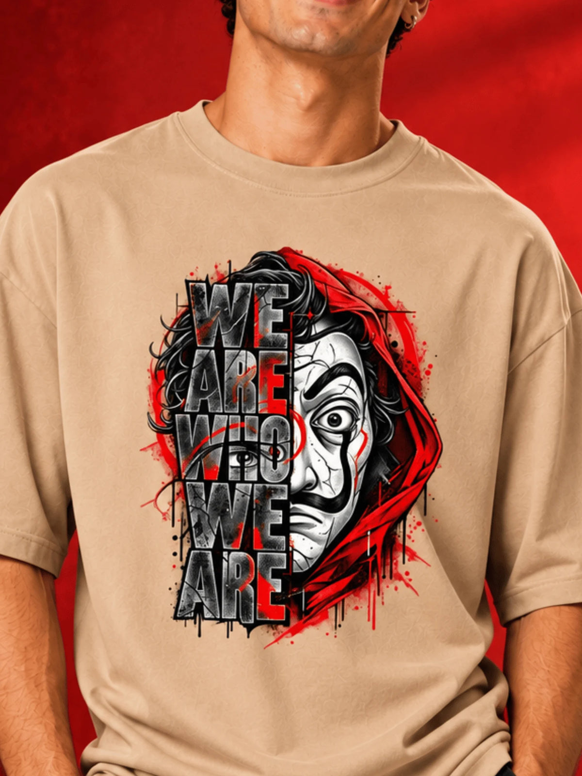 Excello Men's 'We Are Who We Are' Statement Graphic Oversized T-Shirt | Beige