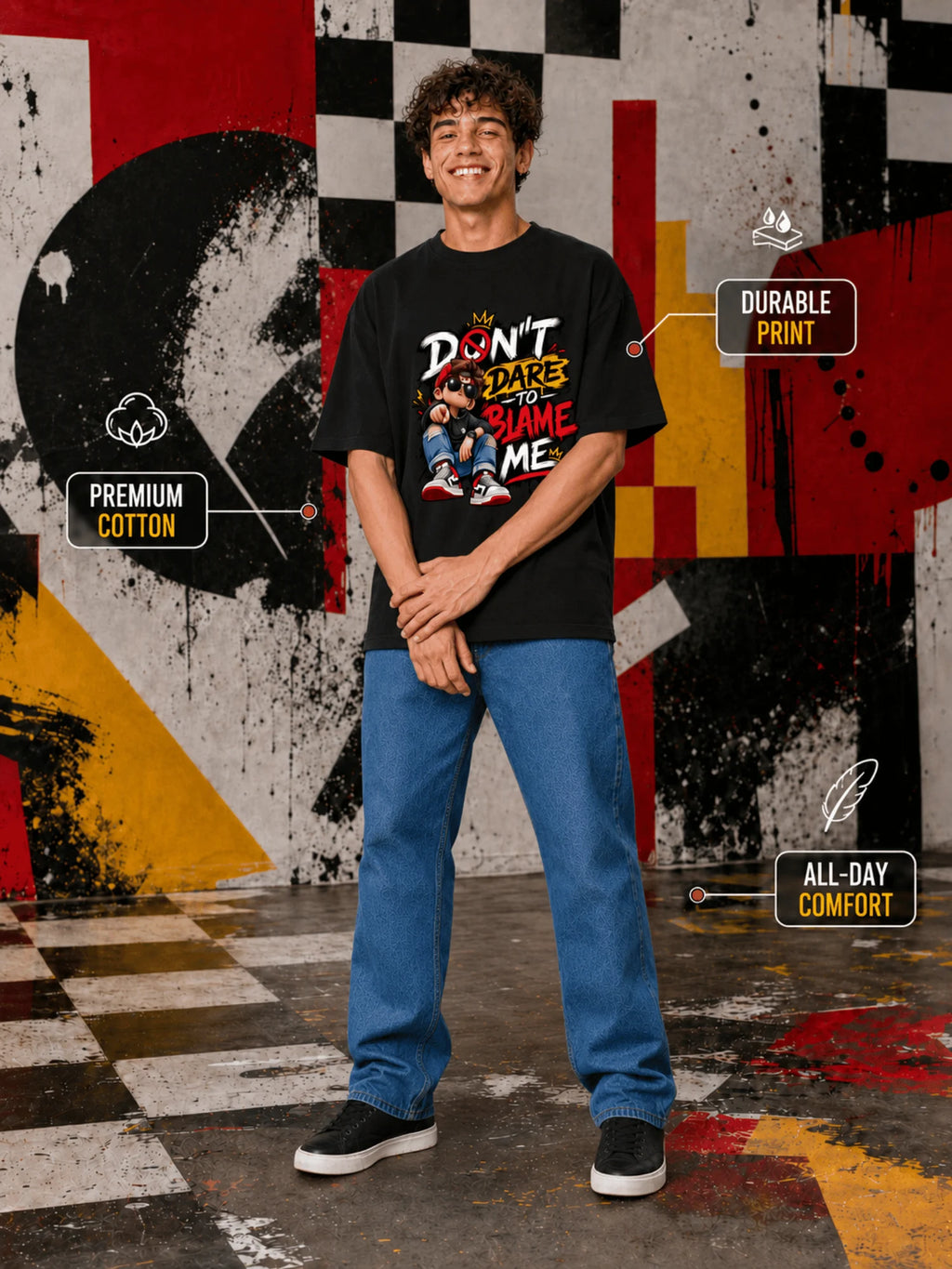Excello Men's 'Don't Dare to Blame Me' Graphic Oversized T-Shirt | Jet Black