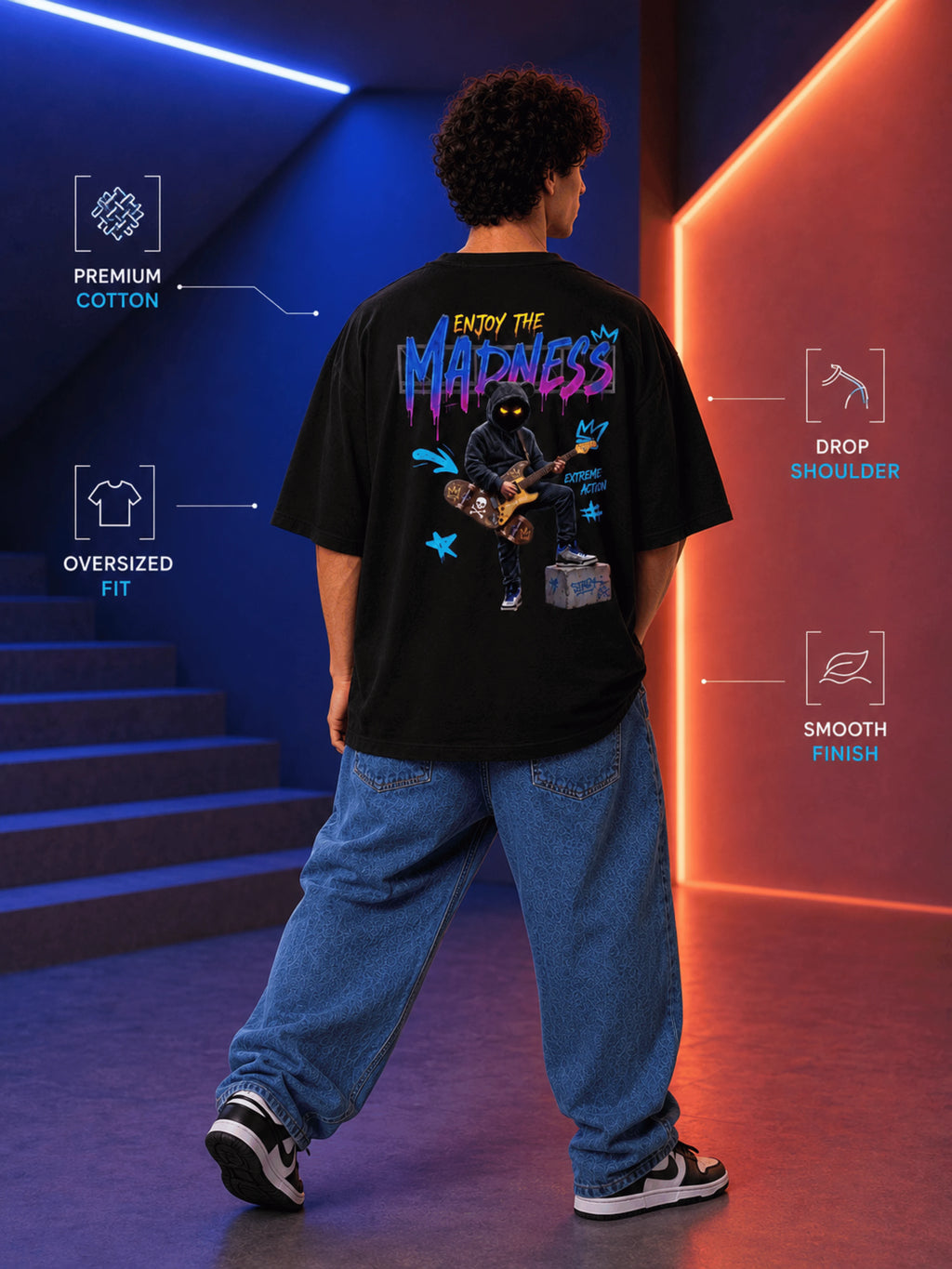 Excello Men's 'Enjoy The Madness' Graffiti Graphic Oversized T-Shirt | Black