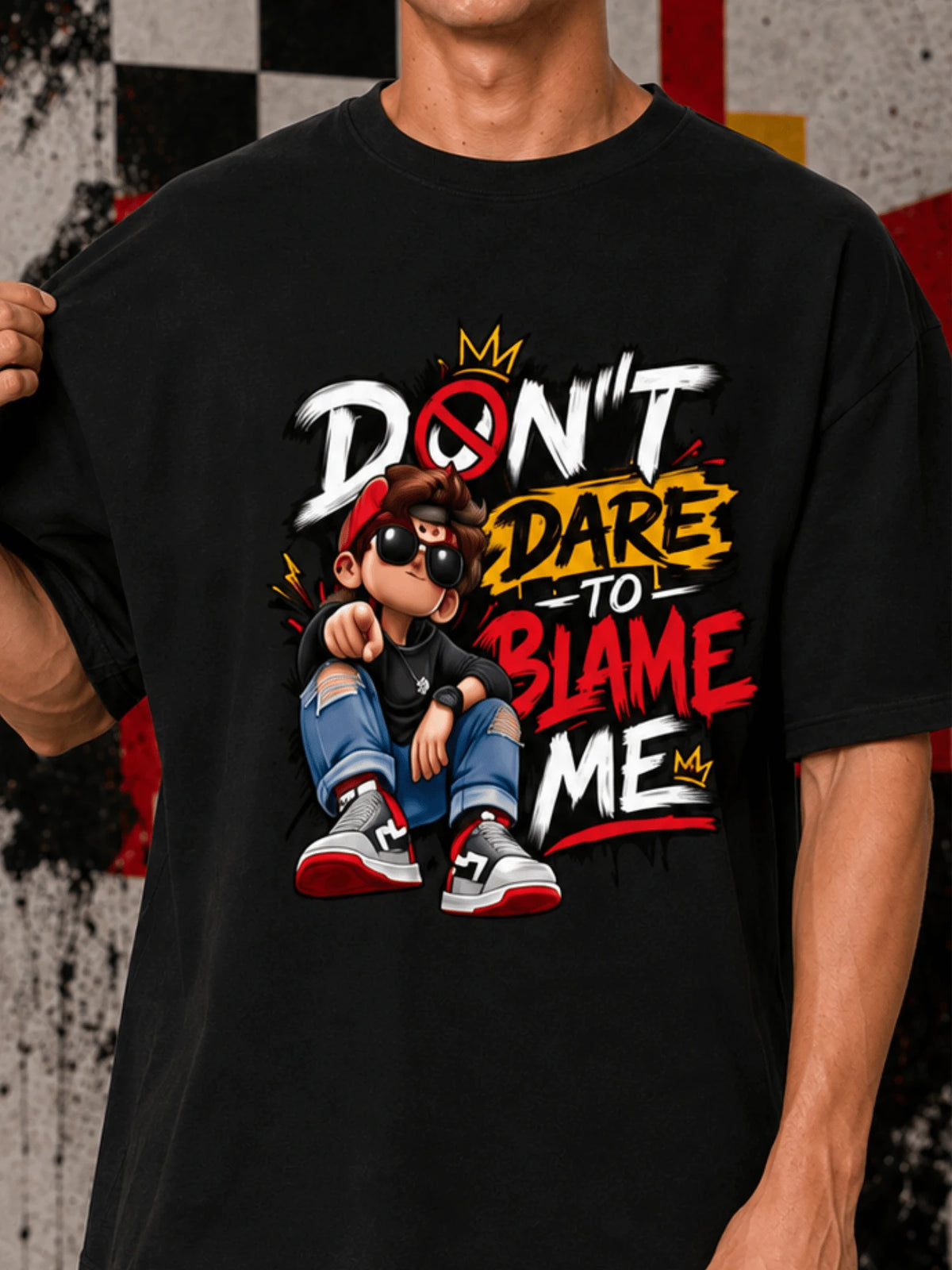 Excello Men's 'Don't Dare to Blame Me' Graphic Oversized T-Shirt | Jet Black