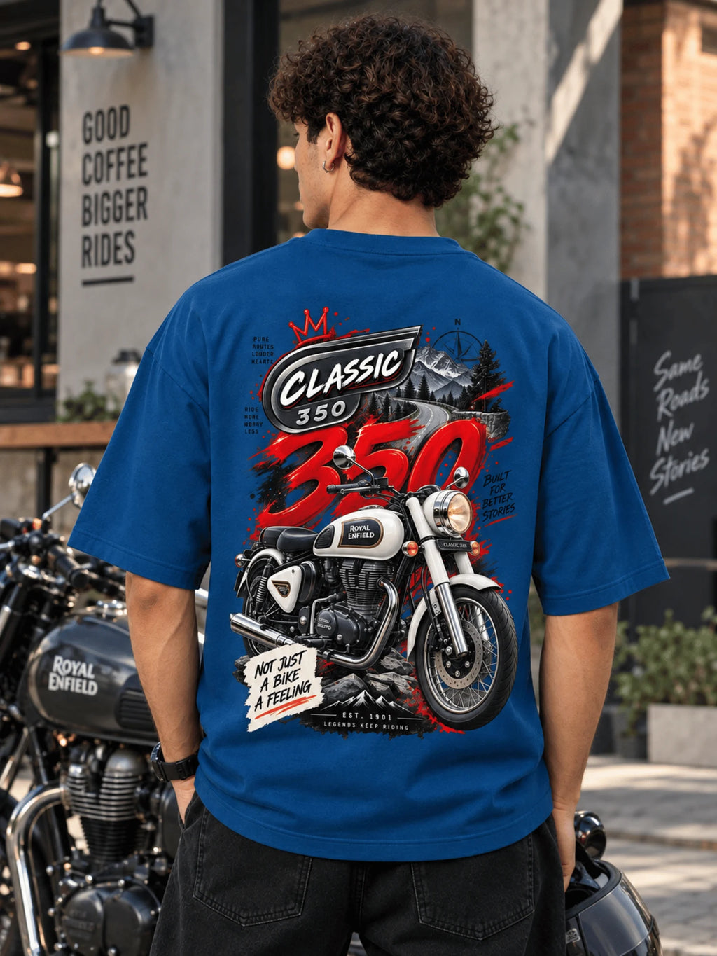 Excello Men's Royal Enfield Classic 350 Graphic Oversized T-Shirt | Air Force Blue