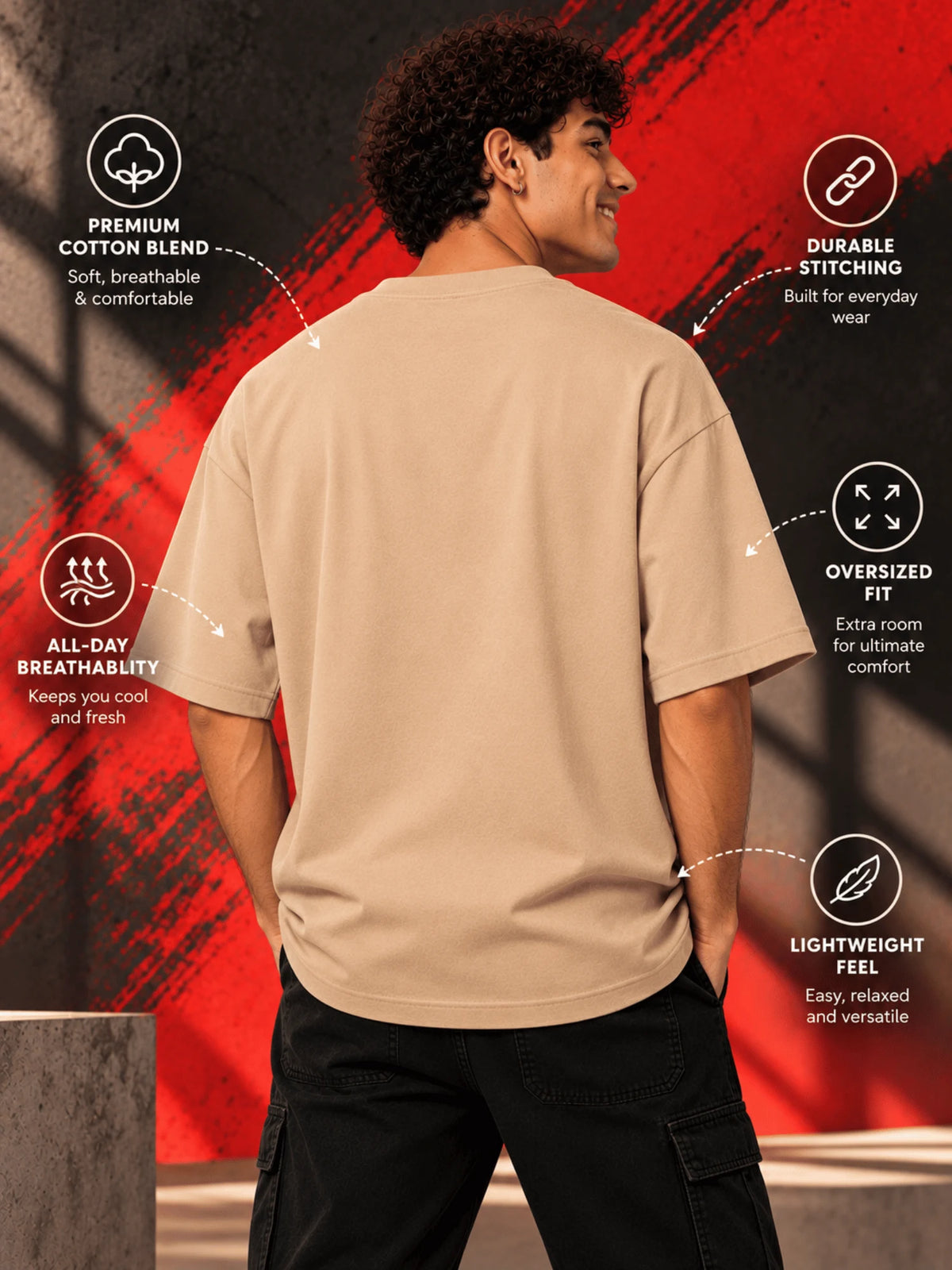 Excello Men's Spartan 'Your Mind Is Your Best Weapon' Graphic Oversized T-Shirt |  Beige