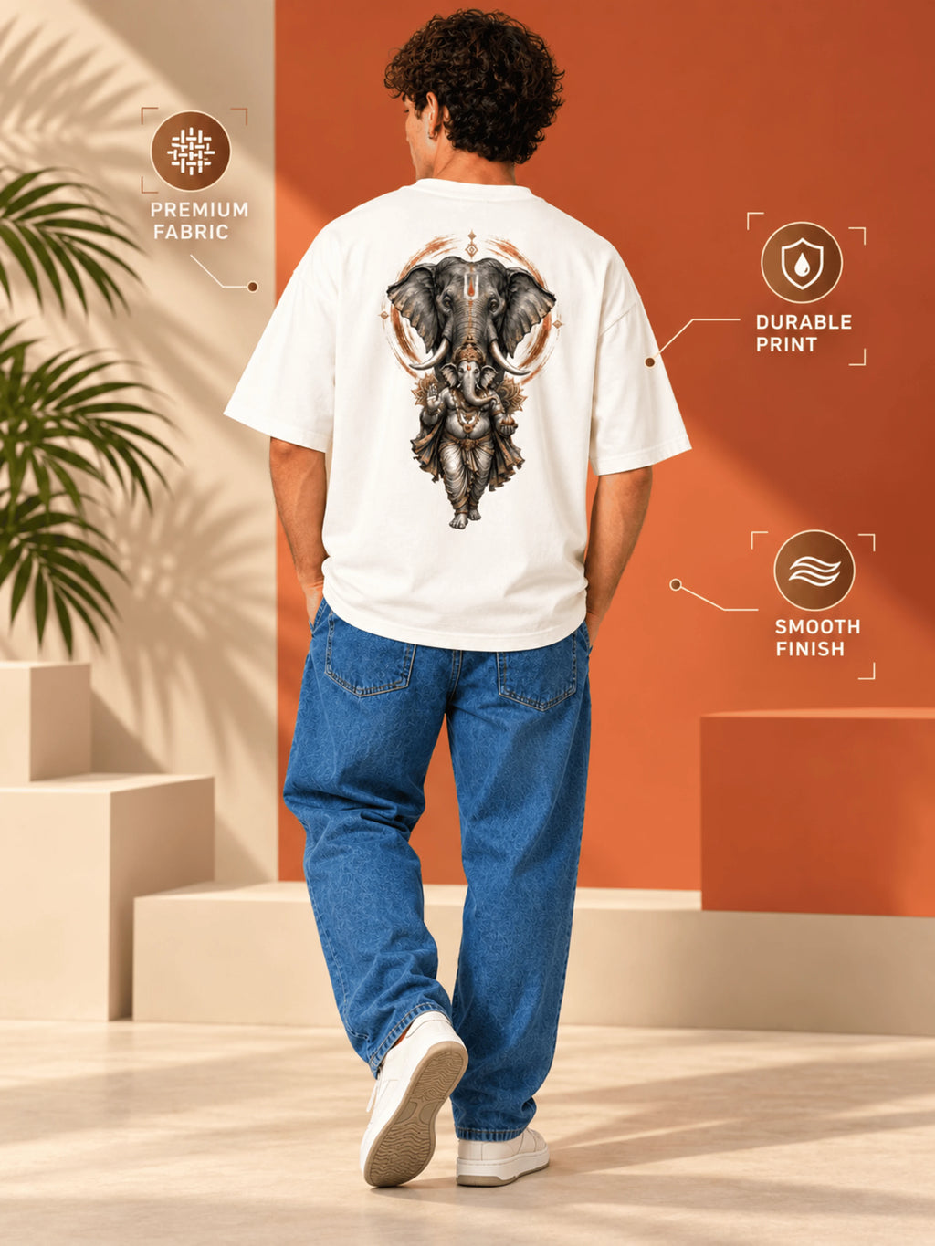 Excello Men's Majestic Elephant & Ganesha Graphic Oversized T-Shirt - 240 GSM Pure Cotton, Bio-Washed | Off White