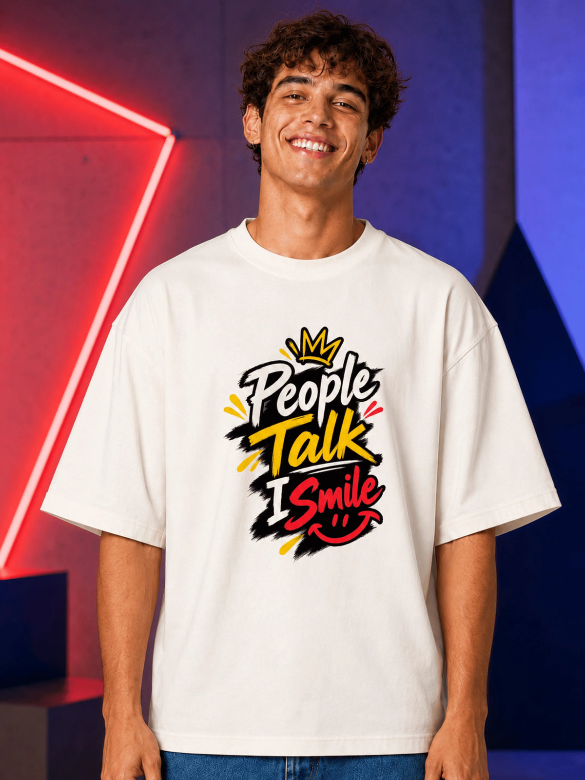 Excello Men's 'People Talk I Smile' Chill Duck Graphic Oversized T-Shirt | Off White