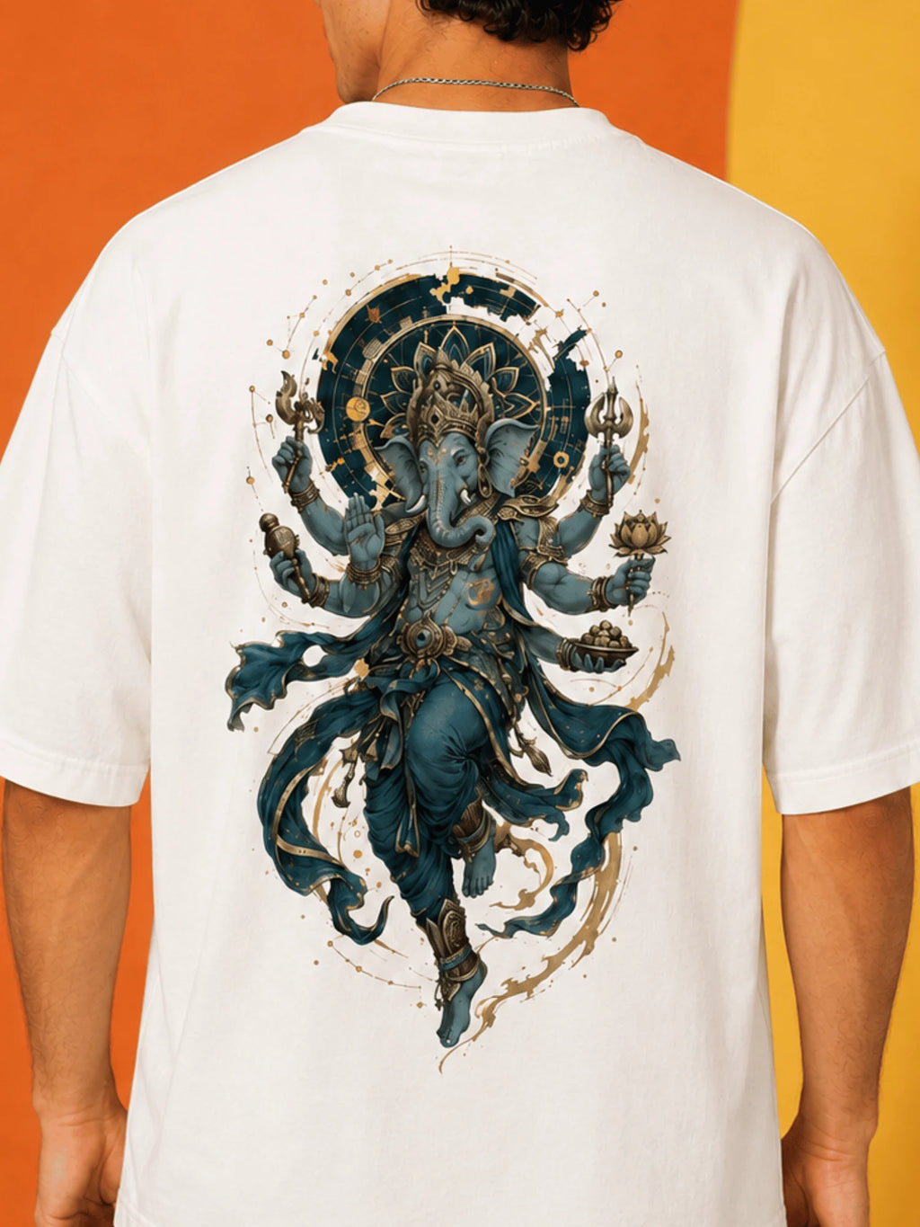 Excello Men's Divine Ganesha Graphic Oversized T-Shirt - 240 GSM Pure Cotton, Bio-Washed-Off White