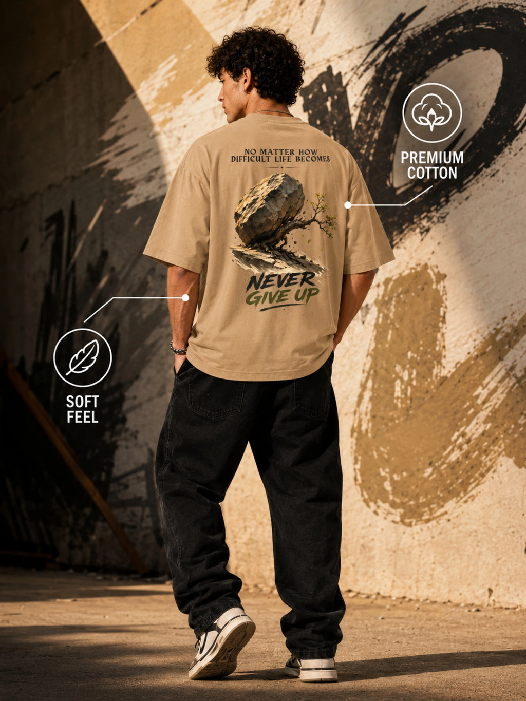 Excello Men's 'Never Give Up' Resilience Graphic Oversized T-Shirt | Beige