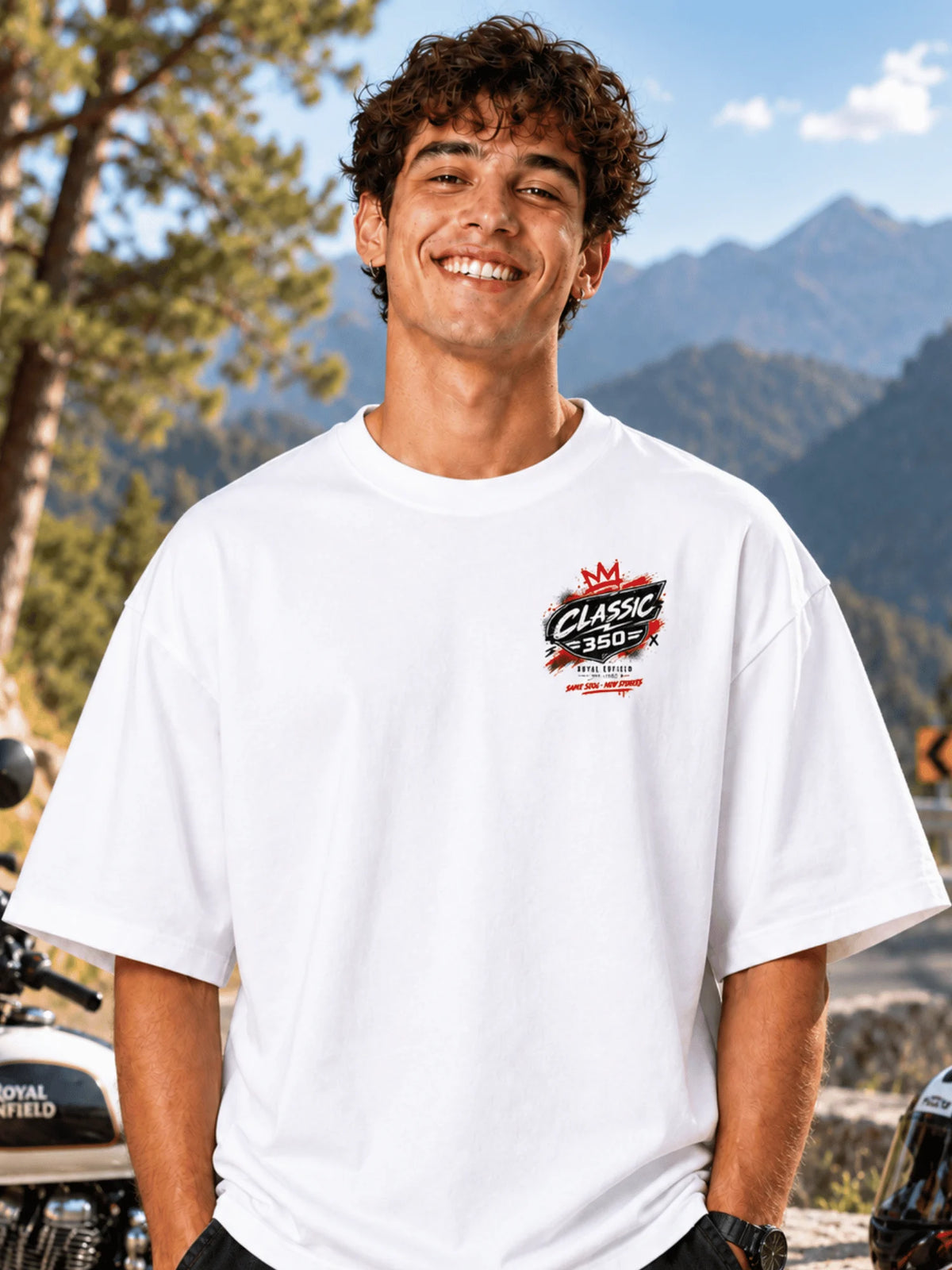 Excello Men's Royal Enfield Classic 350 Graphic Oversized T-Shirt | White