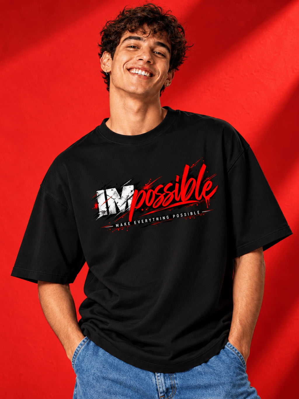 Excello Men's 'Impossible' Motivational Graphic Oversized T-Shirt | Black
